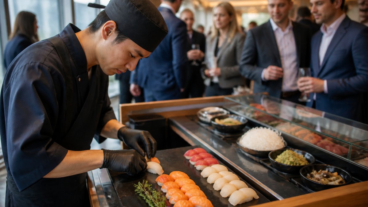 Sushi chef preparing nigiri on a sleek mobile bar for luxury catering at a corporate reception event.