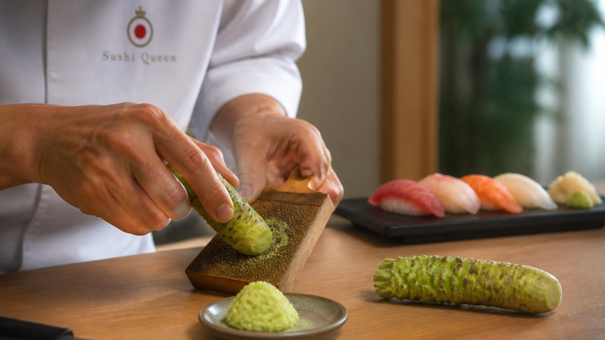 Chef grating fresh real wasabi root on a sharkskin grater next to nigiri